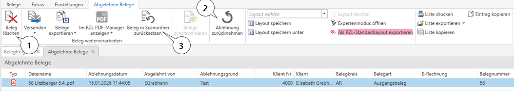 Ansicht Abgelehnte Belege