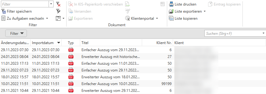 Auszug in Dokumente
