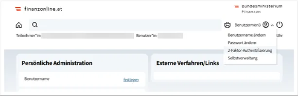 2FA Registrierung Benutzermenü