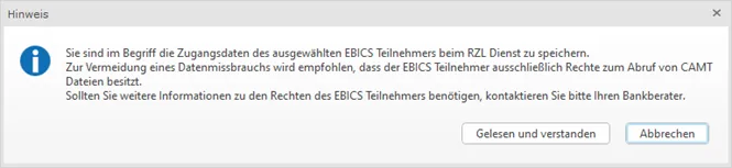 Hinweis Speicherung