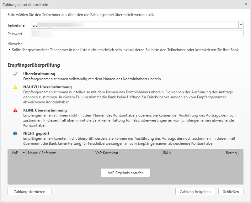 Empfängerüberprüfung VoP Ergebnis abrufen