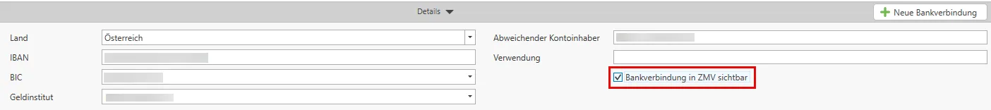 Bankverbindung in ZMV sichtbar