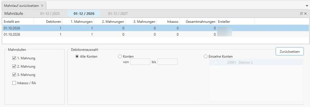 Mahnlauf zurücksetzen