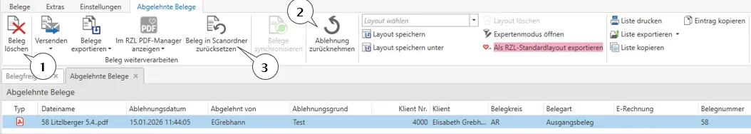 Ansicht Abgelehnte Belege
