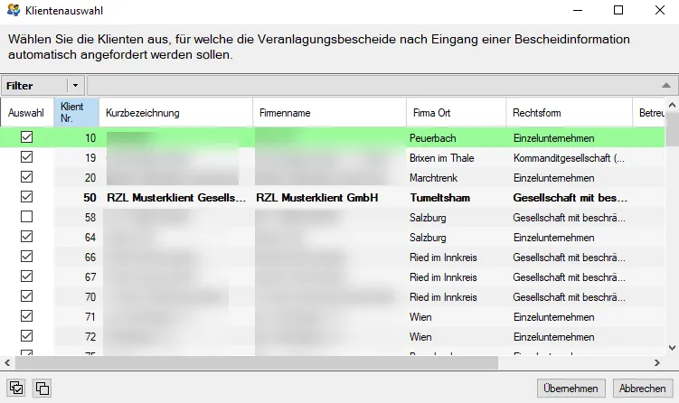 Klientenauswahl Abruf Veranlagungsbescheide