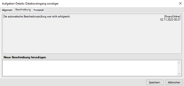 Aufgabenbeschreibung - Bescheidvorprüfung nicht erfolgr