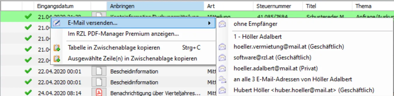 Databoxliste - Sonderfunktionen