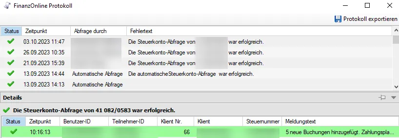 Steuerkonto Protokoll anzeigen