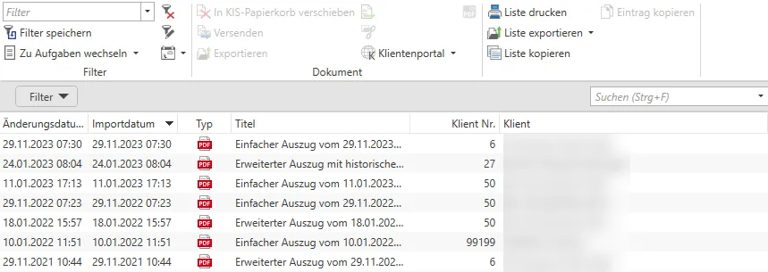 Auszug in Dokumente