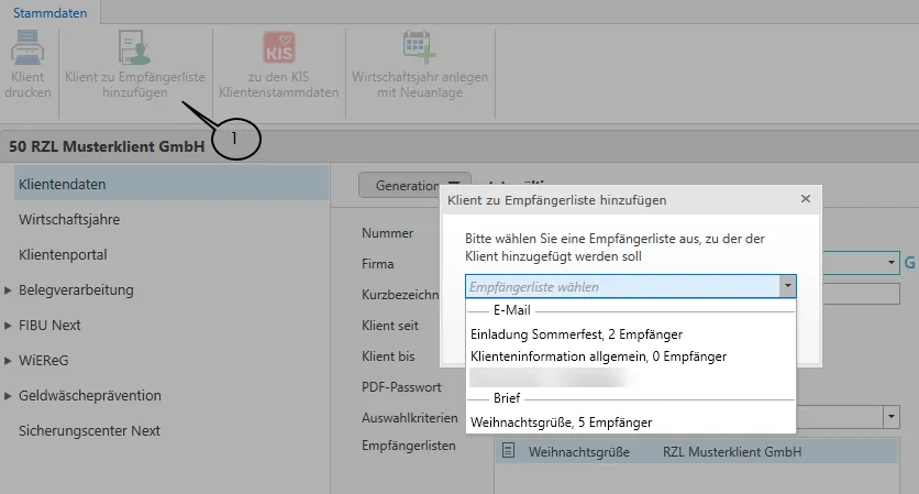 Klient zur Empfängerliste hinzufügen in Stammdaten