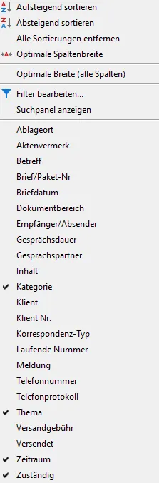 Bearbeiten von Listen - Spaltenauswahl