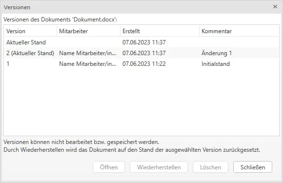 Versionen anzeigen