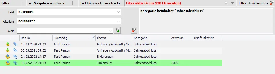 Anzeige des Filters