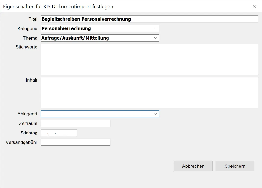 Eigenschaften für KIS Dokumentimport festlegen