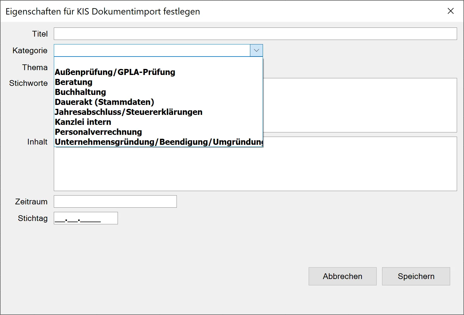 Eigenschaft für KIS Dokumentimport festlegen