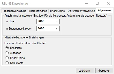 Erstansicht beim Öffnen des Klienten