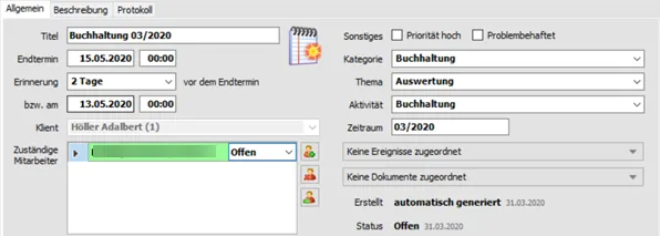 Anzeige Aufgaben im Klientenspiegel