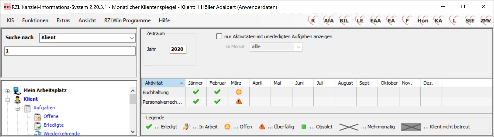 Ausweis offene Aufgaben in monatl Klientenspiegel