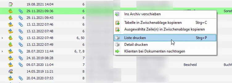 Ereignisliste drucken